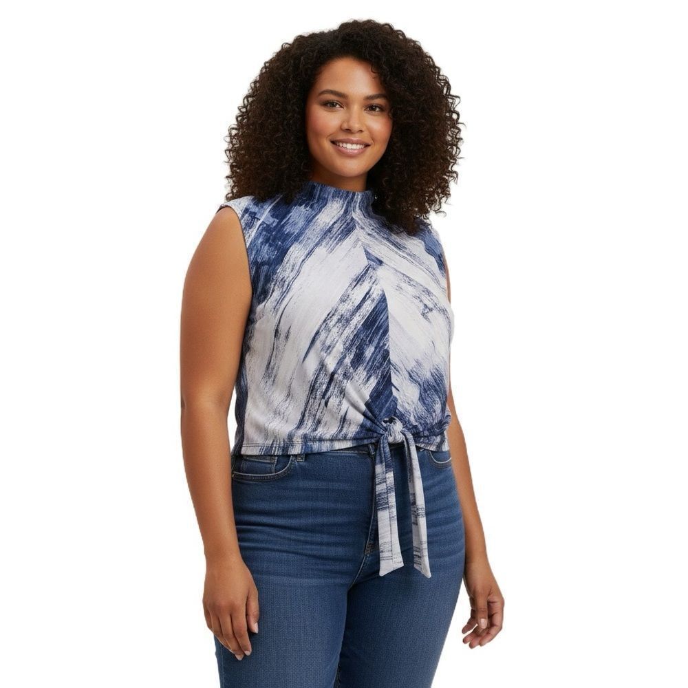Clara Sun Woo Blue and White Sleeveless Tie Front Top